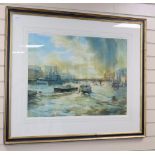 Alexander Creswell (1957-), watercolour, View along The Thames with HMS Belfast, signed, 55 x 75cm