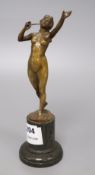 An early 20th century bronze of a nude lady, indistinctly signed, on marble base, overall height