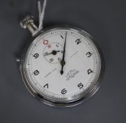 A chrome cased Nero Lemania stopwatch, retailed by Camerer Cuss, London, case diameter 49mm.