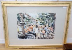 French School, watercolour, Figures in park, indistinctly signed, 47 x 61cm