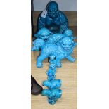 A turquoise glazed Buddha, a pair of temple dogs, a smaller pair and pair of birds, tallest 26cm