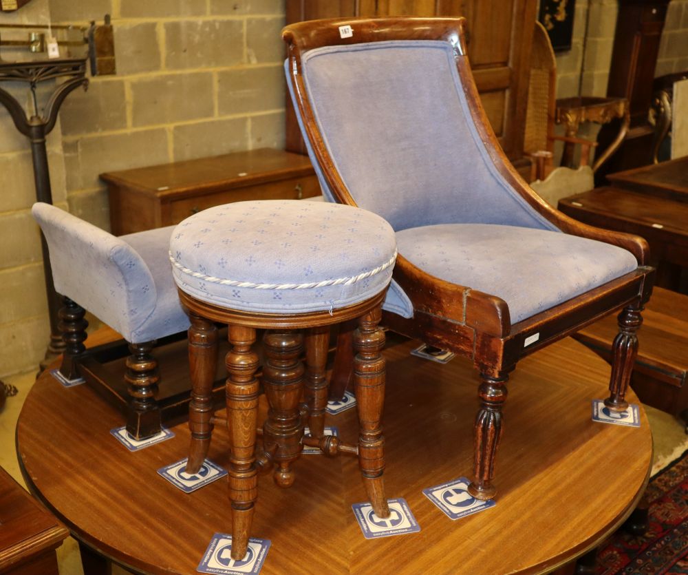 A Regency simulated rosewood side chair, a late Victorian oak adjustable piano stool and a 1920's
