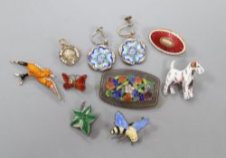 Assorted enamelled white metal brooches and mixed costume jewellery, including converted silver