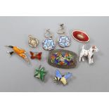 Assorted enamelled white metal brooches and mixed costume jewellery, including converted silver