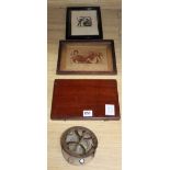 A West London compass / sundial, a cased Troughton & Simms protractor and two prints