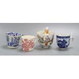 A Chinese blue and white tea cup, a novelty tea bowl and two other teacups