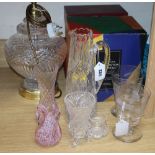 A cut glass table lamp, a Dartington glass trifle bowl, a pair of 19th century rummers and four