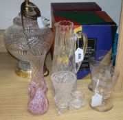 A cut glass table lamp, a Dartington glass trifle bowl, a pair of 19th century rummers and four