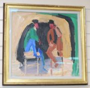 Julian Bailey (1963-), oil on board, 'Two actors on a stage', Browse & Darby label verso, 48 x 50cm