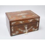 A Victorian mother of pearl inlaid rosewood toilet box, length 30cm