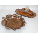 A carved walnut inkstand and a carved leaf dish, length 35cm