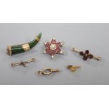 A Victorian yellow and white metal, ruby? and rose cut diamond set frog bar brooch, 29mm, a