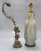 A Victorian gilt putti lamp, together with a Chinese celadon glazed lamp