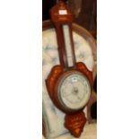 A late Victorian inlaid aneroid barometer / thermometer, H.82cm