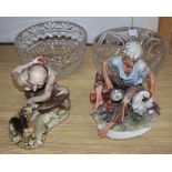 A pair of Capo di Monte figures, a Brierley cut glass bowl and another