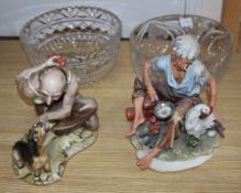 A pair of Capo di Monte figures, a Brierley cut glass bowl and another