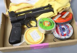 A vintage Webley Tempest 1.77 air pistol and accessories (recently serviced and re-blued by Webley)