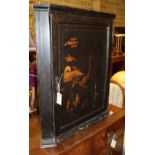 A George III chinoiserie lacquered hanging corner cabinet, W.63cm, D.35cm, H.78cm