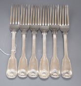 A matched set of six early 19th century silver fiddle, thread and shell pattern table forks,
