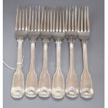 A matched set of six early 19th century silver fiddle, thread and shell pattern table forks,
