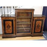 A Victorian ebonised and amboyna side cabinet with brass mounts, W.200cm, D.38cm, H.136cm