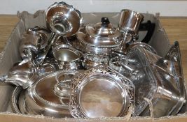 Assorted plated wares including a three piece tea set, entree dish and cover, epergne etc.