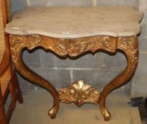 An 18th style French giltwood and gesso marble top serpentine console table, W.84cm, D.50cm, H.78cm