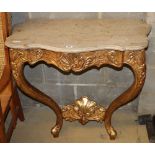 An 18th style French giltwood and gesso marble top serpentine console table, W.84cm, D.50cm, H.78cm