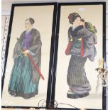 Japanese School, pair of watercolours on silk, Studies of a samurai and woman carrying a child, 76 x