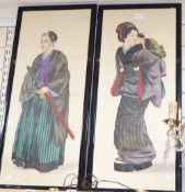 Japanese School, pair of watercolours on silk, Studies of a samurai and woman carrying a child, 76 x