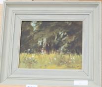 Modern British, oil on board, Figures in a meadow, indistinctly signed, 19 x 24cm