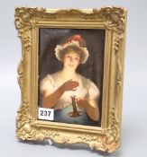 A Continental painted porcelain plaque titled 'Lisette', signed Vogel, 18 x 13cm, framed