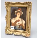 A Continental painted porcelain plaque titled 'Lisette', signed Vogel, 18 x 13cm, framed