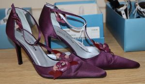 A pair of Karen Millen purple silk stiletto T strap shoes, decorated with leather flowers, size