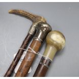 Two walking canes, one with horn handle, the other silver mounted handle, together with a riding