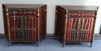 A pair of 19th century style painted side cabinets, with faux leather binding fronts, W.92cm, D.