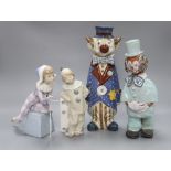 A Lladro clown and Jester together with two Spanish pottery clowns