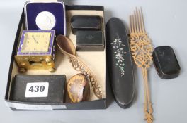 An enamelled travelling timepiece, 19th century snuff boxes etc.