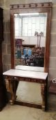 A George IV style marble topped parcel gilt rosewood console table with mirror back, W.80cm, D.33cm,