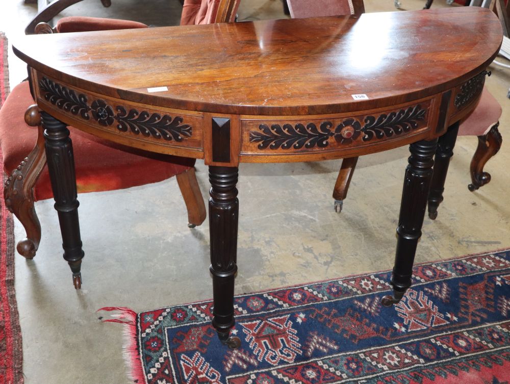 A William IV rosewood 'D' shaped side table, W.130cm, D.52cm, H.72cm
