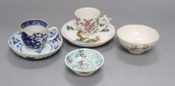 Three Chinese saucers and two teacups and a tea bowl, largest diameter 12.5cm