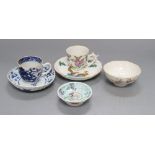 Three Chinese saucers and two teacups and a tea bowl, largest diameter 12.5cm