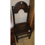 An 18th oak chair back stool, W.48cm, D.36cm, H.108cm