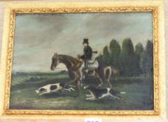 James Clark (1812-1884), oil on wooden panel, Sportsman on horseback with hounds in a landscape,