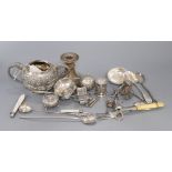 Assorted silver and white metal items including and Indian sugar bowl, dwarf candlestick, fruit