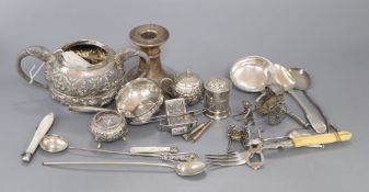 Assorted silver and white metal items including and Indian sugar bowl, dwarf candlestick, fruit