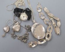 Mixed white metal jewellery, including 925 necklace and a lady's watch.