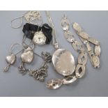 Mixed white metal jewellery, including 925 necklace and a lady's watch.