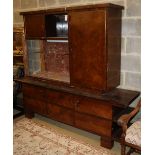 A Continental figured walnut marble inset side cabinet, W.200cm, D.50cm, H.173cm