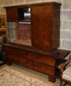 A Continental figured walnut marble inset side cabinet, W.200cm, D.50cm, H.173cm